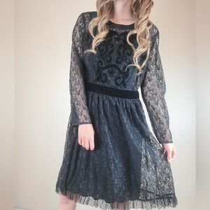 Nanette Lepore Womens Velvet Trimmed Classy Lace Black Cocktail Dress Size 12